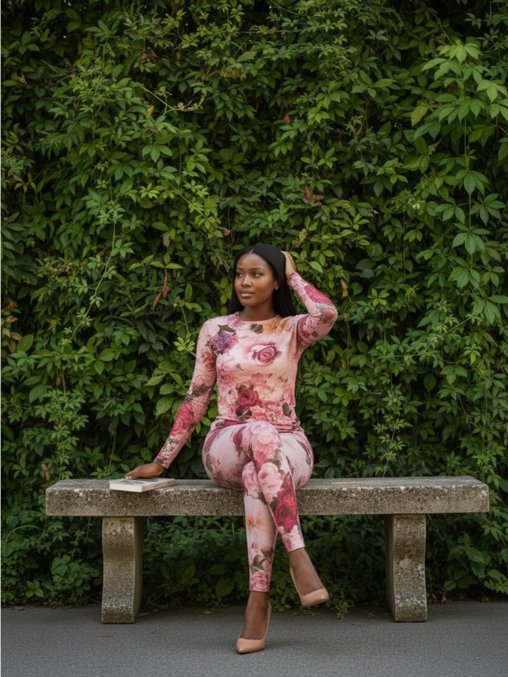 Floral - Sheer - Long-Sleeve Top and Pants Set in Pink